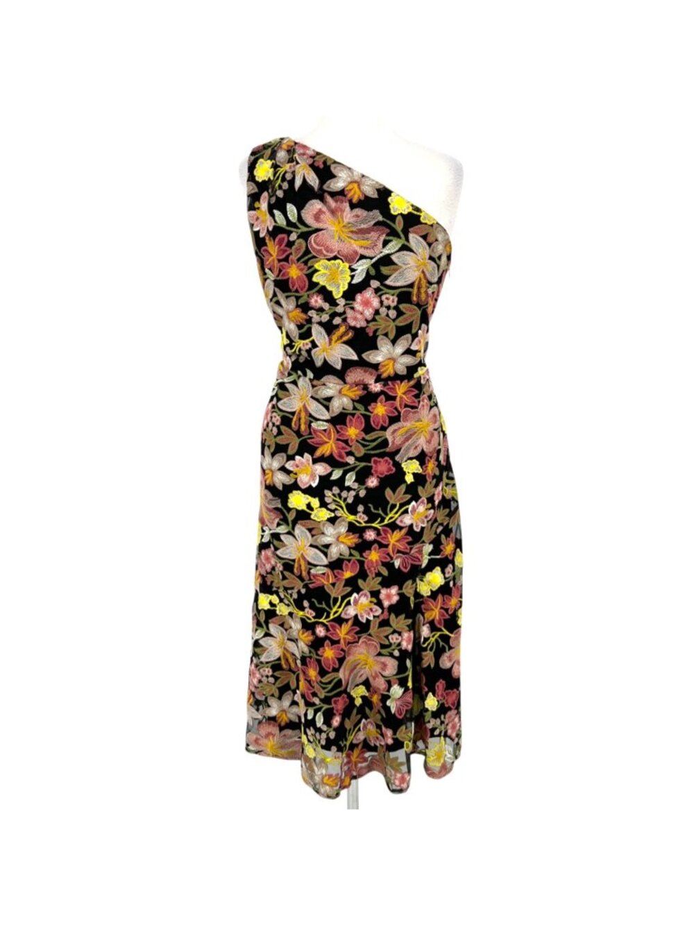 Sam Edelman Sephia Black Embroidered Floral One-Shoulder Midi Dress Size 14